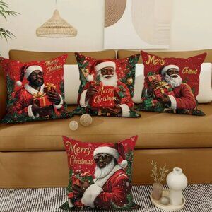 Stylish African American Santa Claus Christmas Pillow Covers (Set of 4)